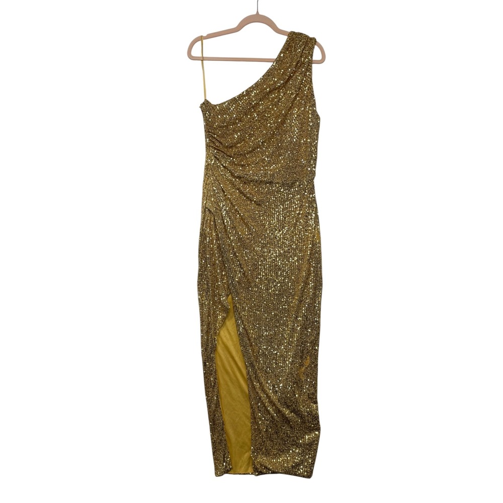 Alexia Admor Gold Sequin One Shoulder Midi Dress Size 12 Formal Gown Slit